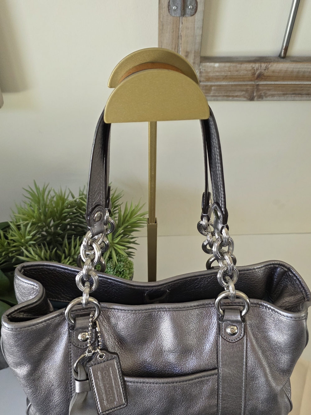 Coach Poppy Pushlock Metallic Leather Tote Y2K Silver Gray - Picture 5 of 16